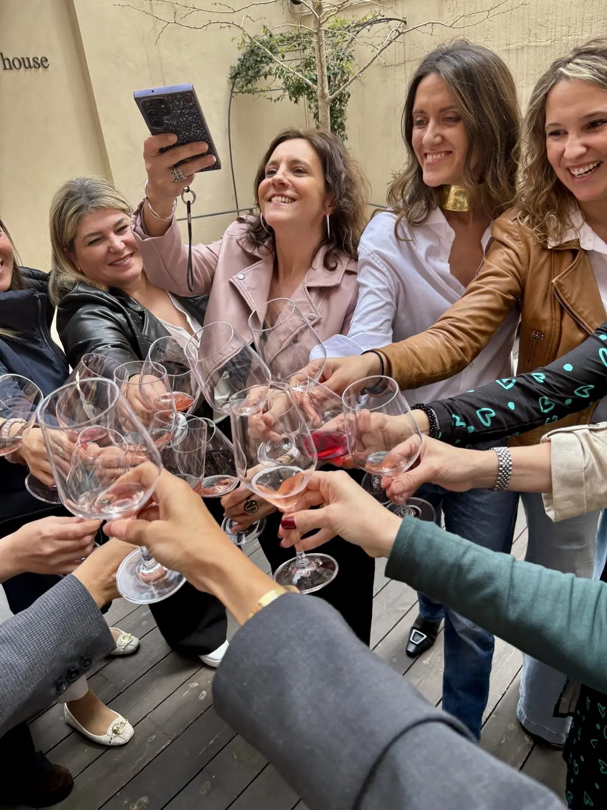 A group of women raise their wine glasses on a terrace at an IKONIKAS gathering